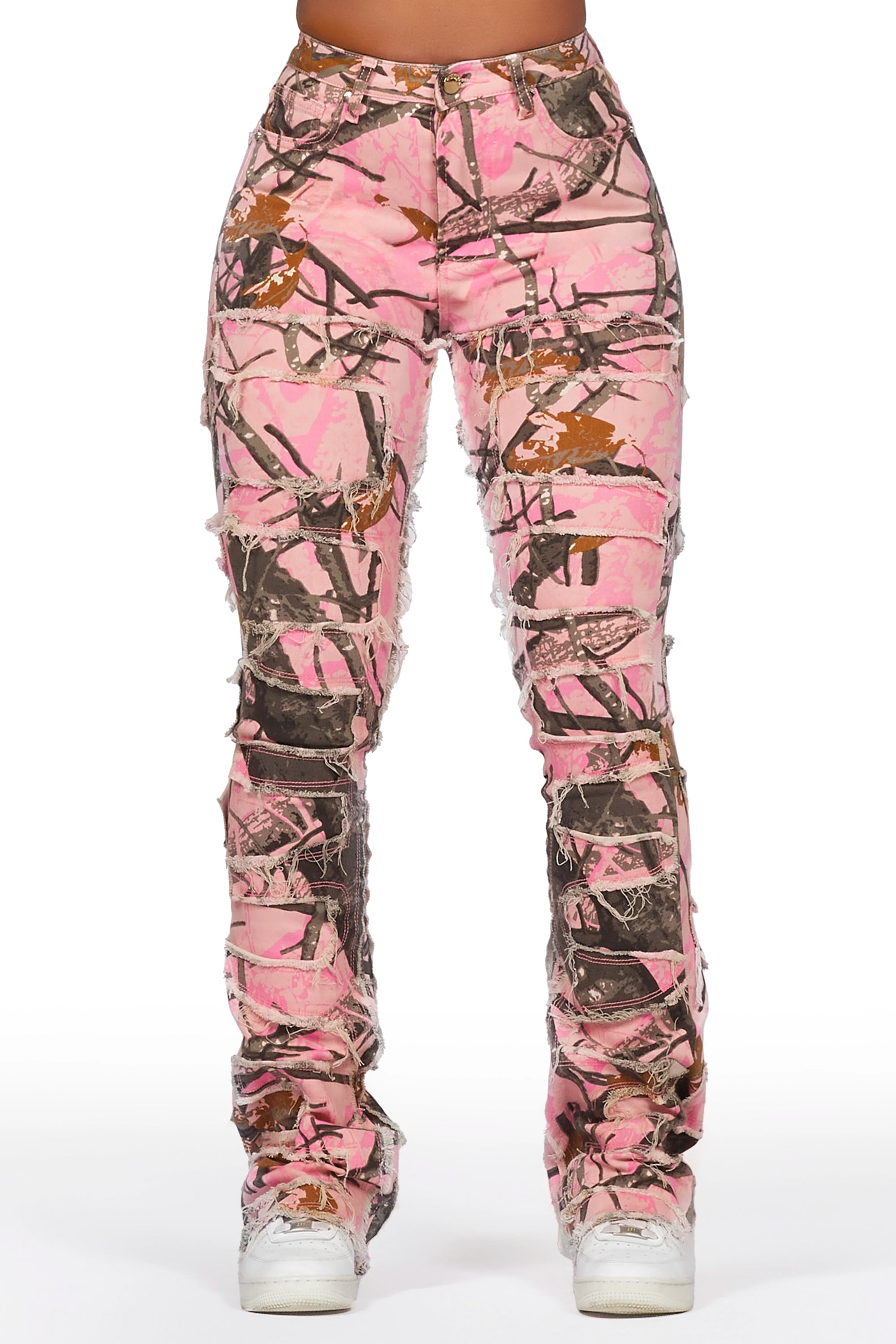 Zariyah Pink Tree Camo Stacked Flare Jean