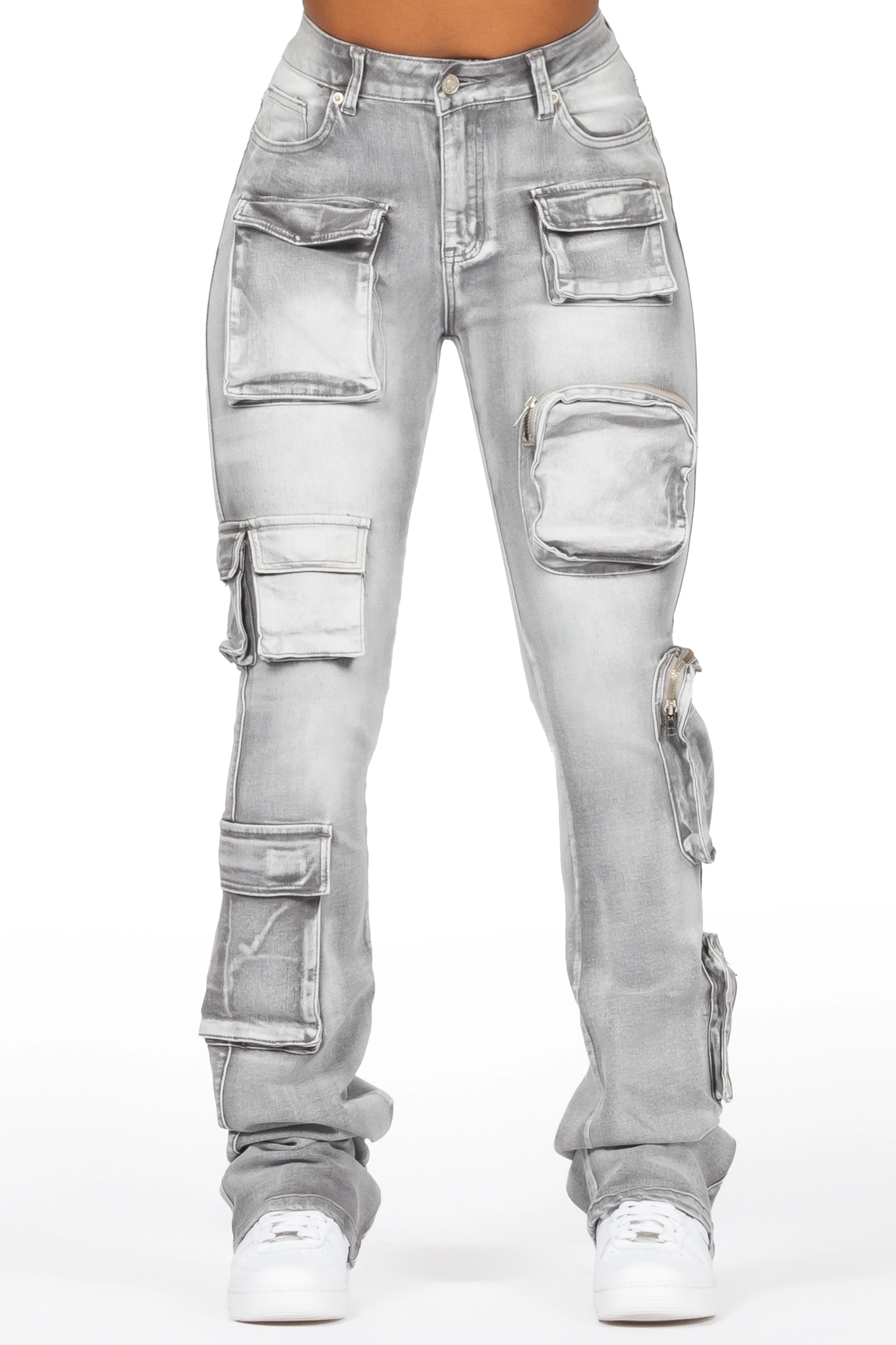 Symone Grey Wash Cargo Stacked Flare Jean