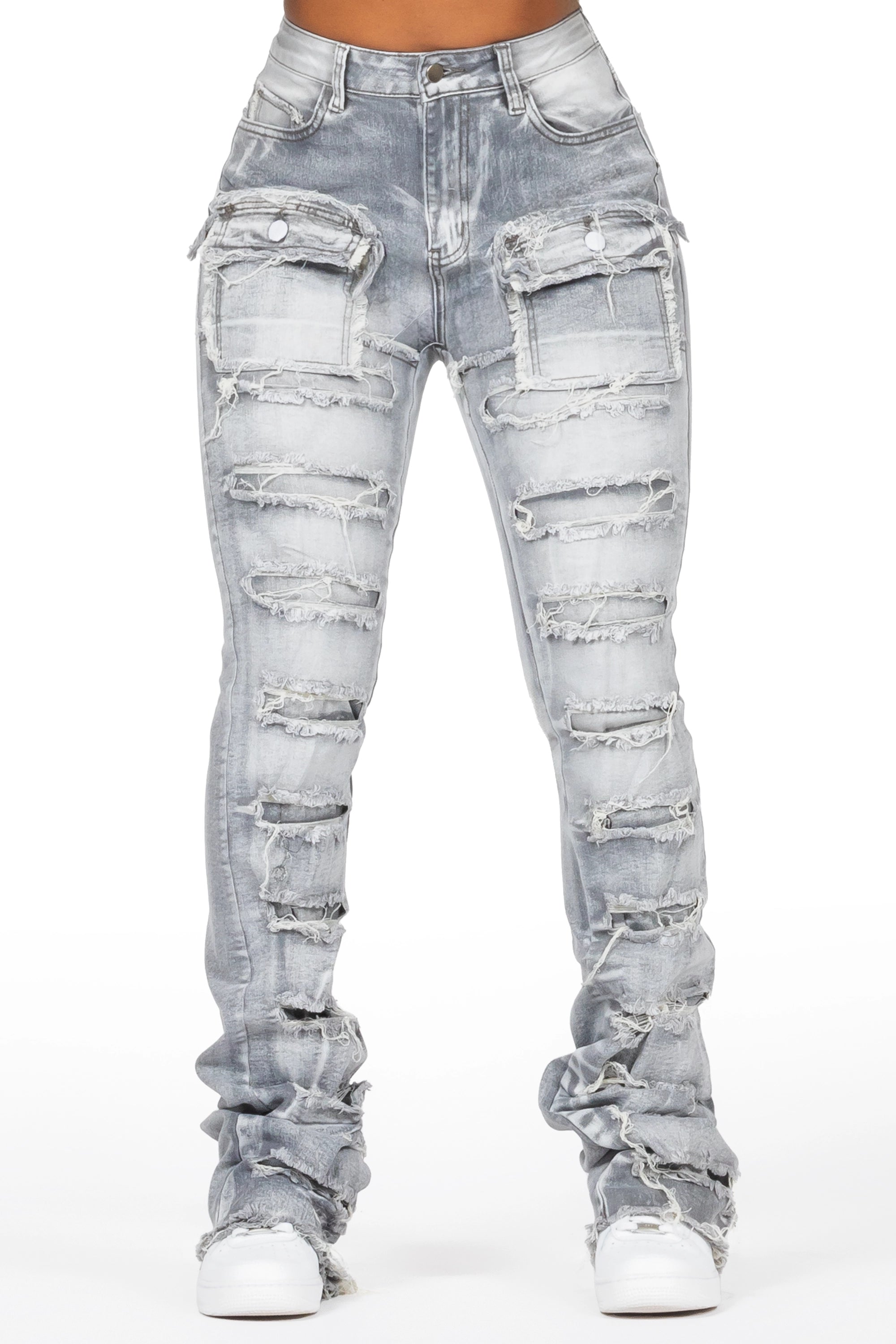 Kanivia Grey Wash Cargo Stacked Flare Jean