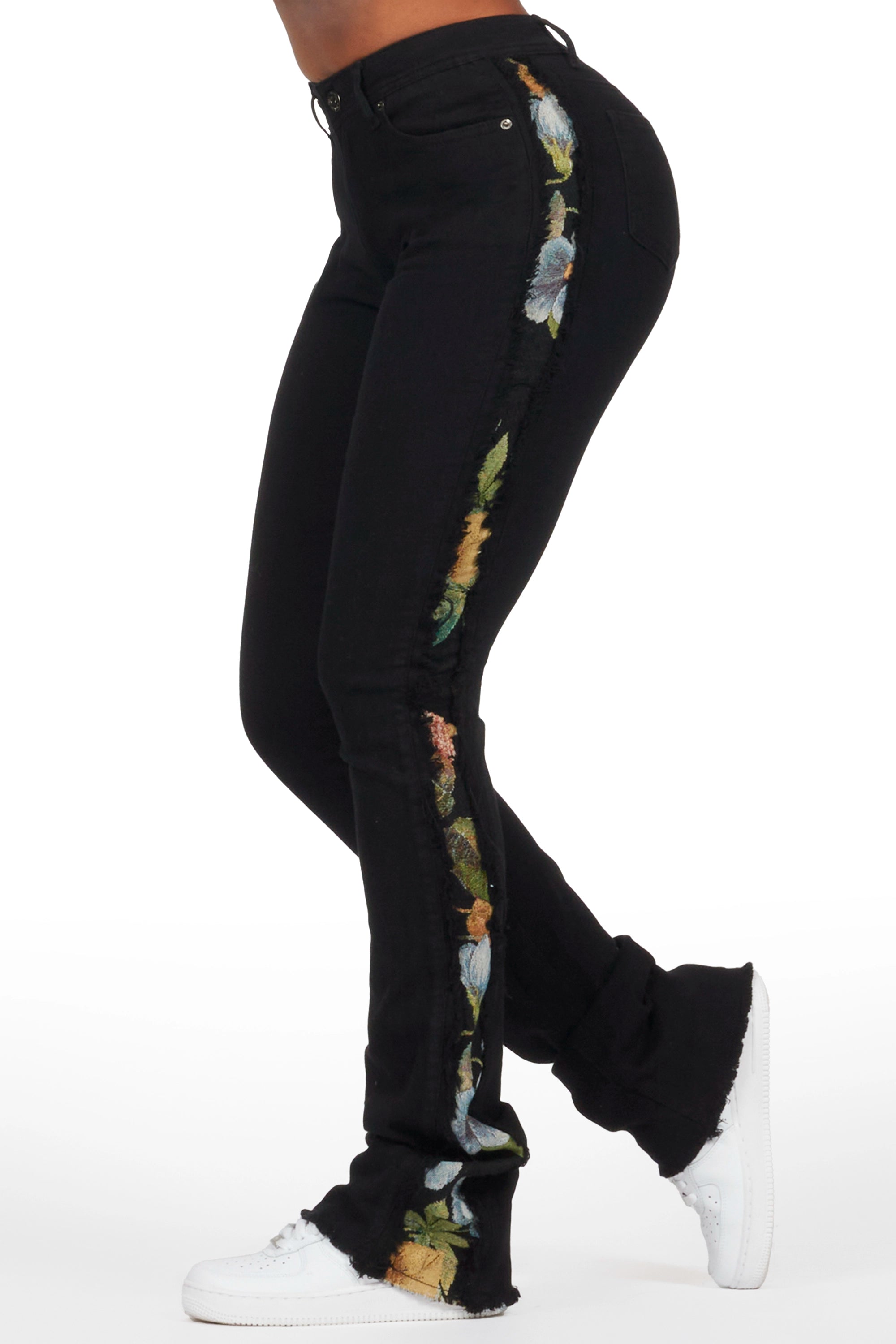 Kymonique Black Tapestry Stacked Flare Jean