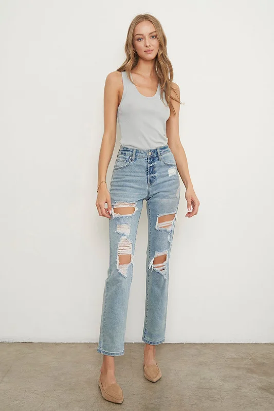 Holly Asymmetric Ripped Mid Rise Boyfriend Jeans