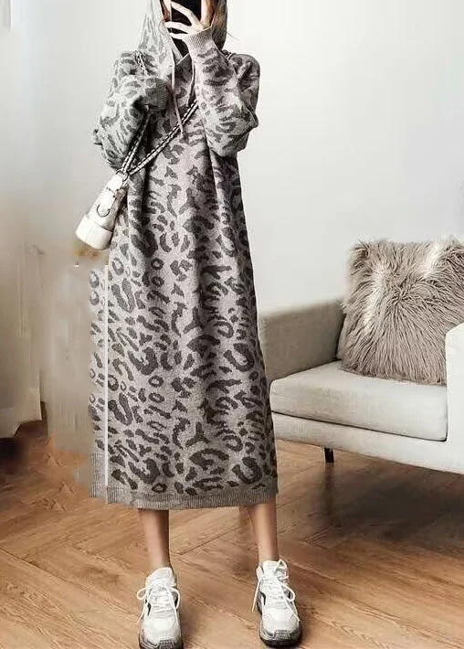 Fashion Grey Leopard Cozy Hoodie Knit Sweater Dress Fall