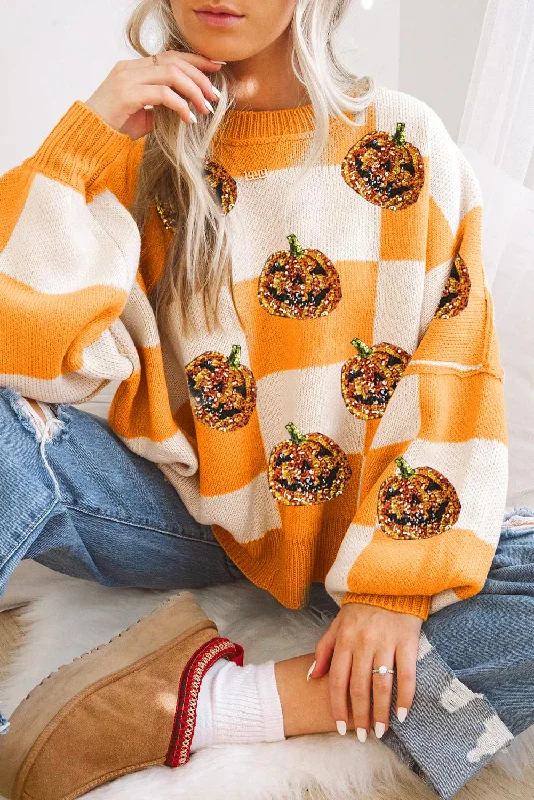 Grapefruit Orange Sequined Halloween Pumpkin Checkered Sweater