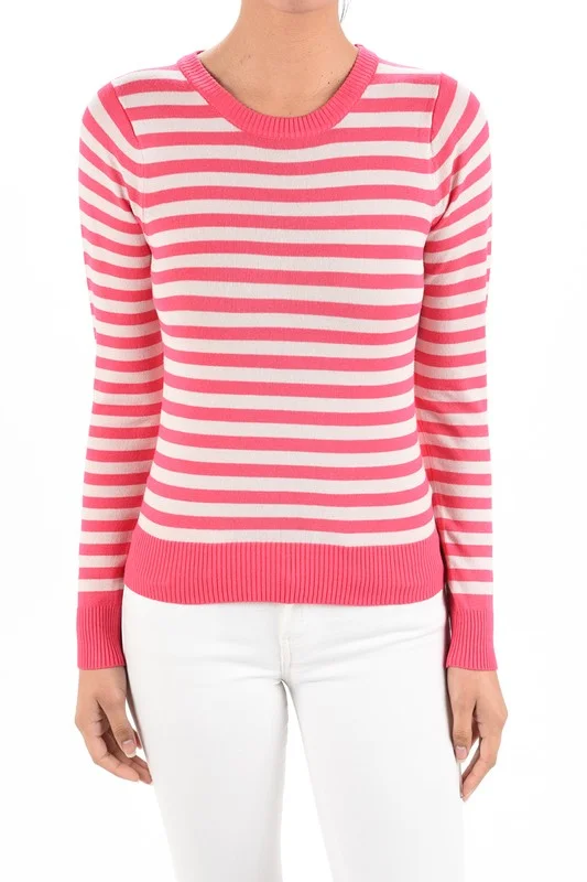 Yemak Women's Striped Pattern Round Neck Long Sleeve Sweater Pullover MK3494