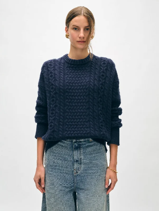 White + Warren - Merino Cashmere Cable Crewneck in Navy