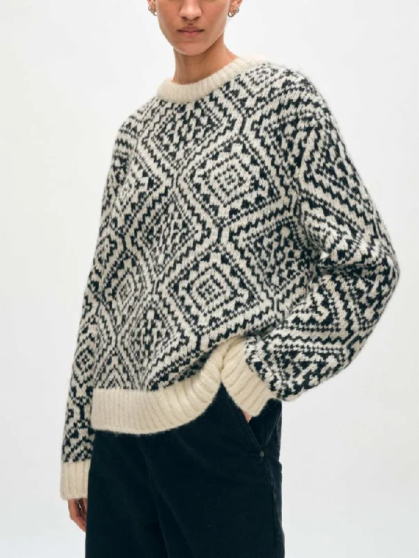 White + Warren - Plush Alpaca Blend Nordic Crewneck in Ivory/Black